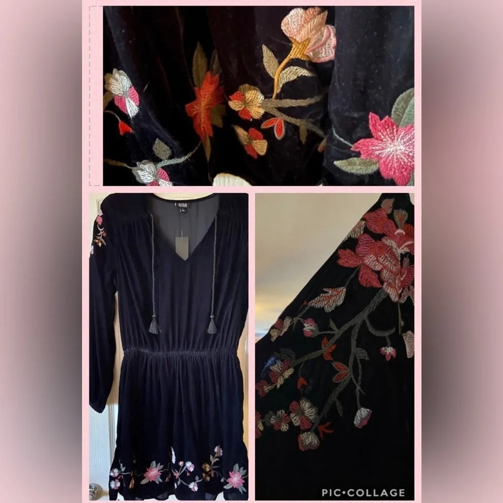 Black Velvet Floral Embroidery Dress 20” Bust, 15” Waist, 38.5” L. PRICE IS FIRM - Picture 2 of 7